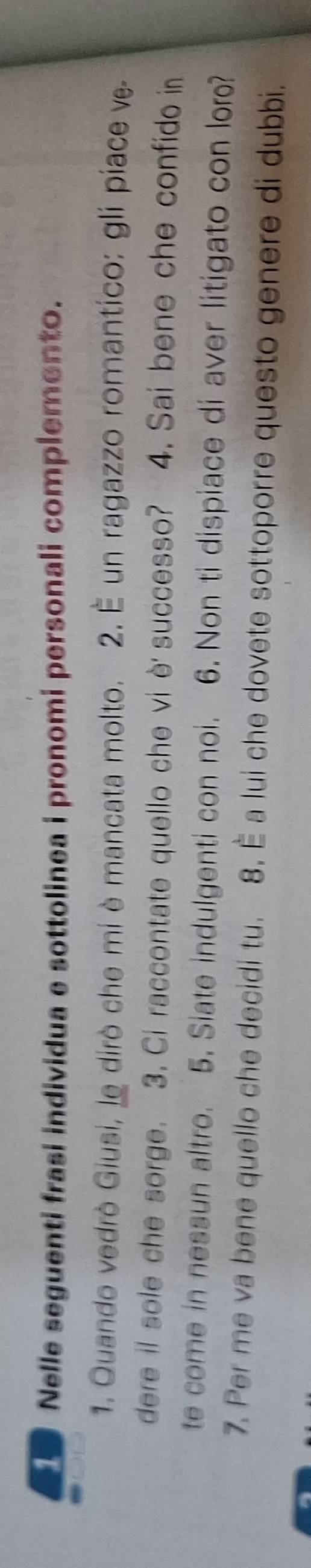 Nelle seguenti frasi individua e sottolinea i pronomi personali complemento. 
1. Quando vedrò Giusi, le dirò che mi è mancata molto. 2. É un ragazzo romantico: gli piace ve- 
dere il sole che sorge. 3. Ci raccontate quello che vi è successo? 4. Sai bene che confido in 
te come in nessun altro. 5. Siate indulgenti con noi. 6. Non ti dispiace di aver litigato con lor? 
7. Per me va bene quello che decidi tu. 8. È a lui che dovete sottoporre questo genere di dubbi.
