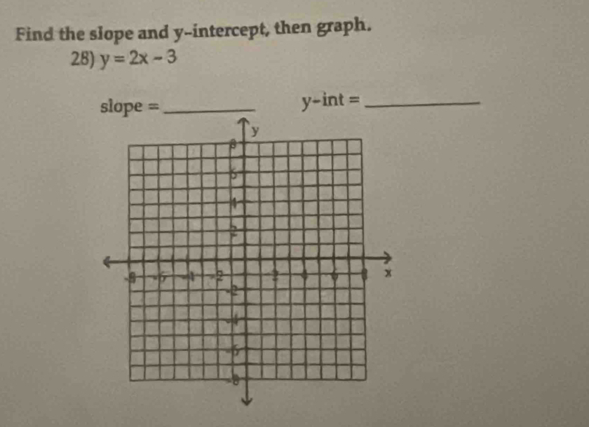 Find the slope and y-intercept, then graph. 
28) y=2x-3
slope = _
y-int= _