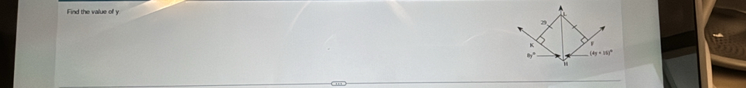 Find the value of y
29
K F
8y° (4y+16)^circ 
H