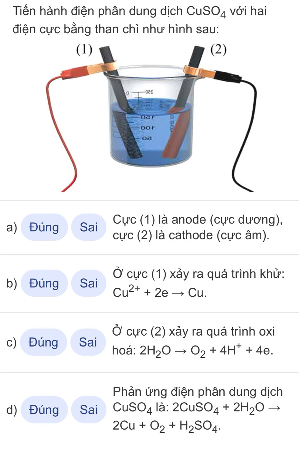 Tiến hành điện phân dung dịch CuSO_4 với hai 
điện cực bằng than chì như hình sau: 
Cực (1) là anode (cực dương), 
a) Đúng Sai cực (2) là cathode (cực âm). 
Ở cực (1) xảy ra quá trình khử: 
b) Đúng Sai Cu^(2+)+2eto Cu. 
Ở cực (2) xảy ra quá trình oxi
c) Đúng Sai 
hoá: 2H_2Oto O_2+4H^++4e. 
Phản ứng điện phân dung dịch 
d) Đúng Sai CuSO_4 là: 2CuSO_4+2H_2Oto
2Cu+O_2+H_2SO_4.