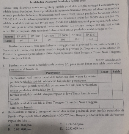 Jumlah dan Distribusi Penduduk Sensus 2020
Sensus yang dilakukan untuk menghitung jumlah penduduk dengan berbagai karakteristiknya
adalah Sensus Penduduk. Sensus penduduk di Indonesia dilakukan 10 tahun sekali untuk mendata
seluruh penduduk Indonesia. Berdasarkan hasil sensus 2020 jumlah penduduk Indonesia adalah
270.203.917 jiwa. Persebaran penduduk menurut jenis kelamin terdiri dari 50,58% atau |36.661.899
adalah penduduk laki-laki dan 49,42% atau 133.542.018 adalah penduduk perempuan. Pada tahun
2020, rasio jenis kelamin penduduk Indonesia sebesar 102, artinya terdapat 102 laki-laki untuk
n. Data rasio jenis kelamin hasil sensus penduduk adalah sebagai berikut.
Berdasarkan sensus, rasio jenis kelamin tertinggi terjadi di provinsi Papua,ar 114.
Sementara itu, rasio jenis kelamin terendah terjadi di provinsi D.I.Yogyakarta, yaitu sebesar 98.
Provinsi dengan rasio jenis kelamin 100 terdapat di provinsi Nusa Tenggara Timur, Nusa Tenggara
Barat, dan Jawa Timur.
Sumber: sensus.bps.go.id
5. Berdasarkan stimulus 2, berilah tanda centang (√) pada kolom benar atau salah untuk setiap
6. Berdasarkan stimulus 2 mengenai jumlah dan sensus penduduk 2020, jumlah penduduk
Provinsi Papua pada tahun 2020 adalah 4.303.707 jiwa. Banyak penduduk laki-laki di Provinsi
Papua kira-kira ....
A. 2.011.078 jiwa C. 2.292.512 jiwa
B. 2.011.080 jiwa D. 2.292.629 jiwa