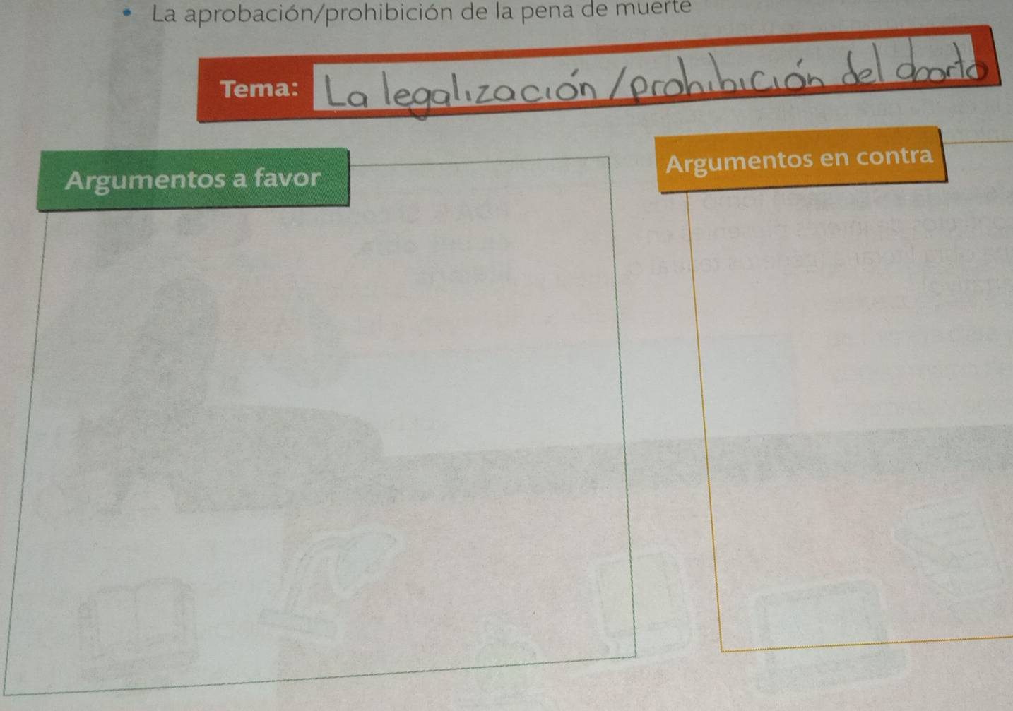 La aprobación/prohibición de la pena de muerte 
Tema: 
Argumentos a favor Argumentos en contra