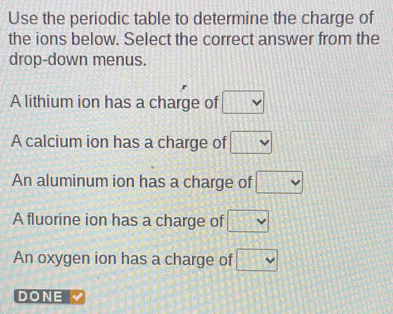 Solved: Use the periodic table to determine the charge of the ions ...