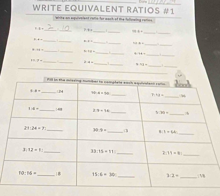 Date_
_
_
WRITE EQUIVALENT RÄTIOS #1
Write an equivalent ratio for each of the following ratios.
1:5= _!_ 7:9= _;_ 10:6= _L_
__
3:4= _1_ 8:2= _ _ 12:8=
_
_ 9:15=
_
_
_ 5:12=
6:14= _
_
_
11:7= _ :_ 2:4= _ 1_ 9:12=