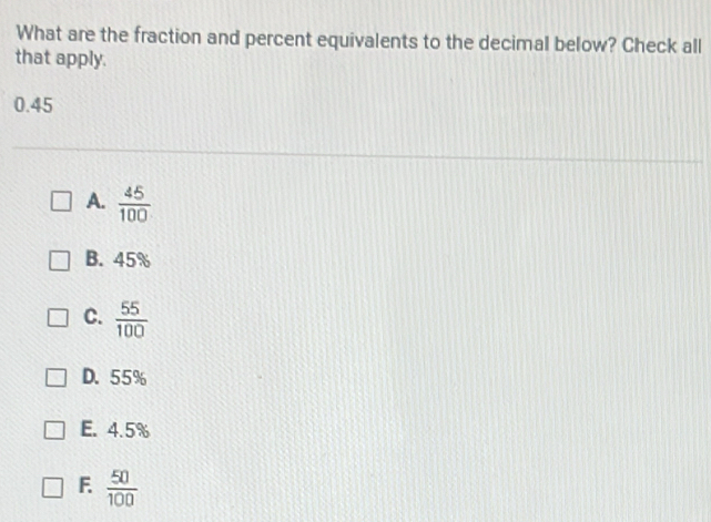 What are the fraction and percent equivalents to the decimal below? Check all
that apply.
0.45
A.  45/100 
B. 45%
C.  55/100 
D. 55%
E. 4.5%
F.  50/100 