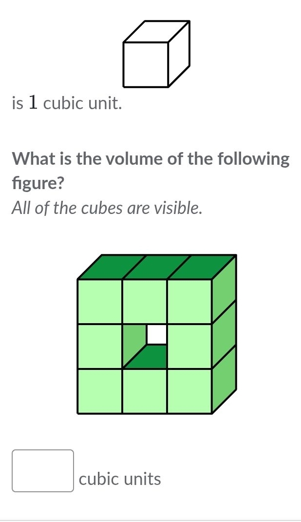 is 1 cubic unit.
What is the volume of the following
figure?
All of the cubes are visible.
□ cubic units