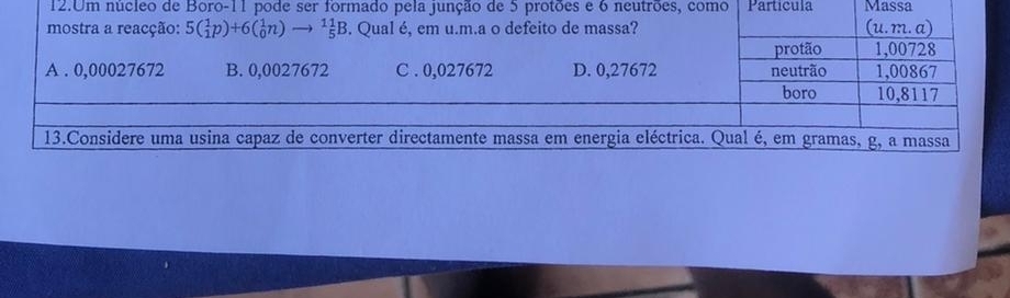 Um núcleo de Boro-11 pode ser formado pela junção de 5 protões e 6 neutrões, como Particula Massa