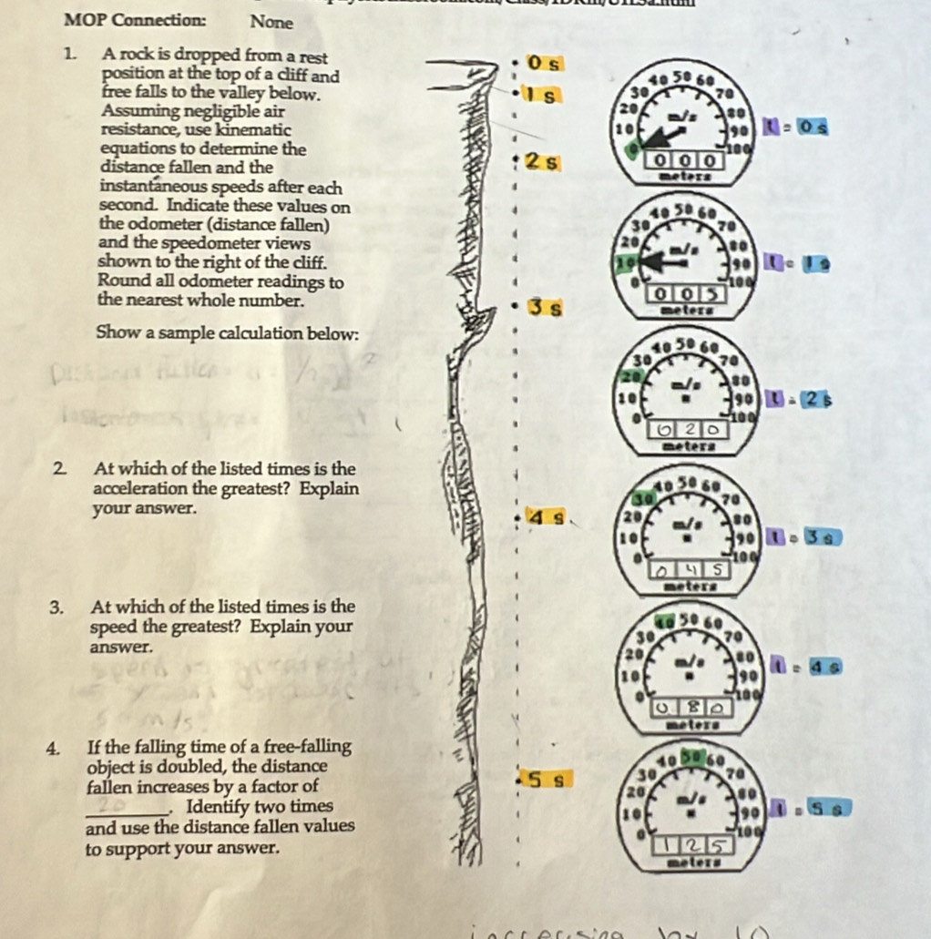 MOP Connection: None 
1. A rock is dropped from a rest 
position at the top of a cliff and 0 s
4º 50 60
free falls to the valley below. s 30 70
20
Assuming negligible air 8o
resistance, use kinematic 10 90 =0s
190
equations to determine the 2 s
distance fallen and the
0 0 0
instantaneous speeds after each

second. Indicate these values on 4º 5º 6º
the odometer (distance fallen) 30 70
and the speedometer views
20
shown to the right of the cliff. 19 [C]^circ 
Round all odometer readings to
00
0 0 5
the nearest whole number. 3 s
meters
Show a sample calculation below:
[t]=[2]
2. At which of the listed times is the 
acceleration the greatest? Explain 
your answer. 
3. At which of the listed times is the 
speed the greatest? Explain your 
answer. 
4. If the falling time of a free-falling 
object is doubled, the distance 5 s
fallen increases by a factor of 
_ Identify two times 
and use the distance fallen values 
to support your answer.