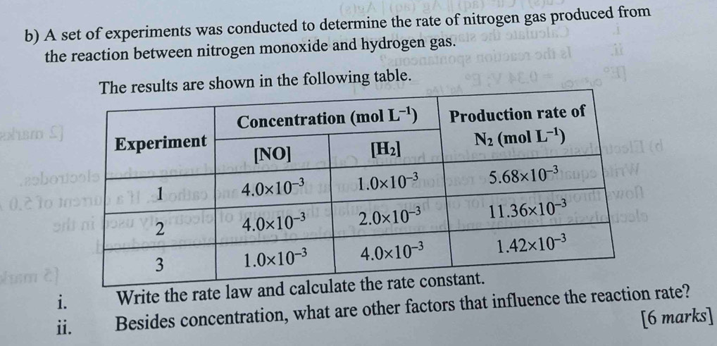 A set of experiments was conducted to determine the rate of nitrogen gas produced from
the reaction between nitrogen monoxide and hydrogen gas.
e shown in the following table.
i. Write the rate law an
i. Besides concentration, what are other factors that influence the reaction rate?
[6 marks]