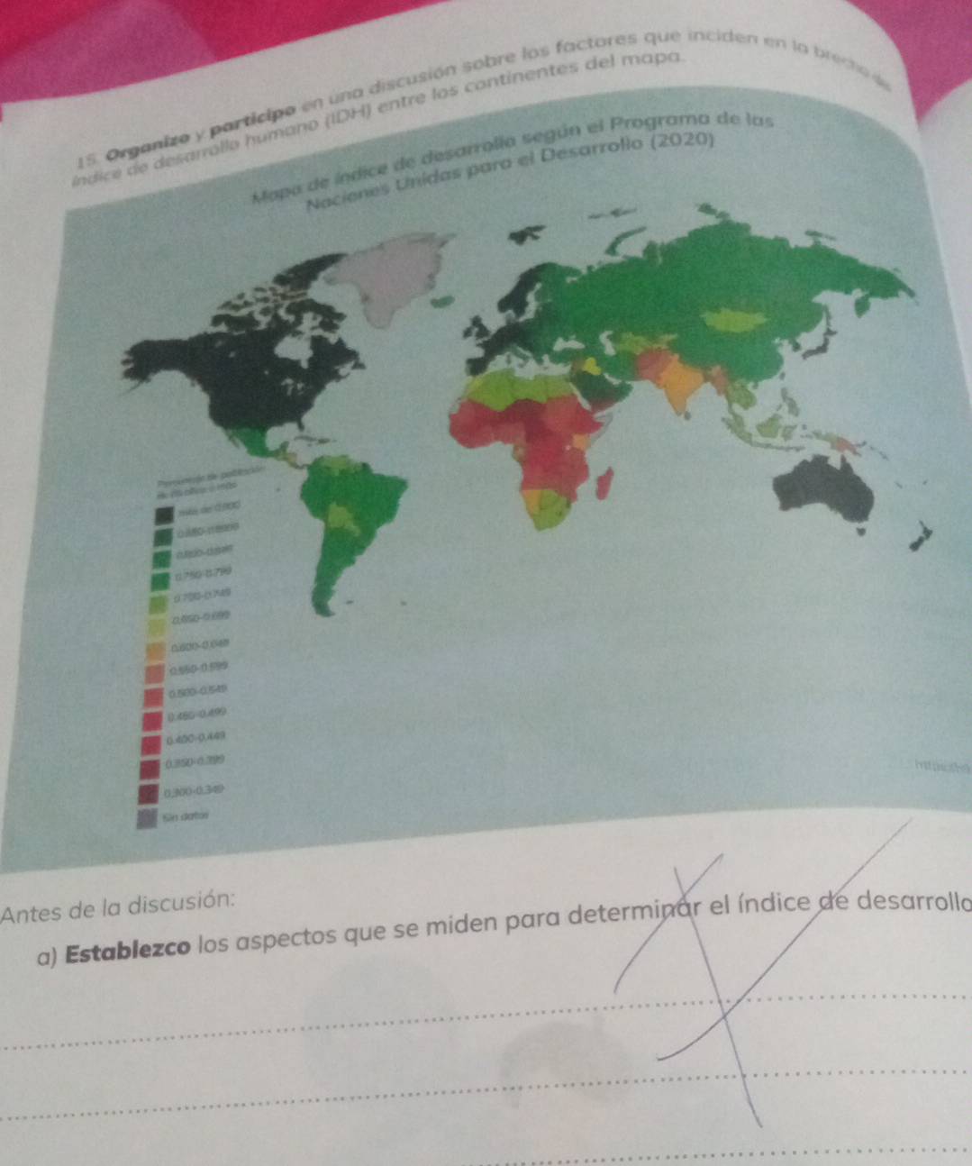 cusión sobre los factores que inciden en la breco d 
ntinentes del mapa 
Antes de la discusión: 
a) Establezco los aspectos que se miden para determinar el índice de desarrollo 
_ 
_ 
__ 
_