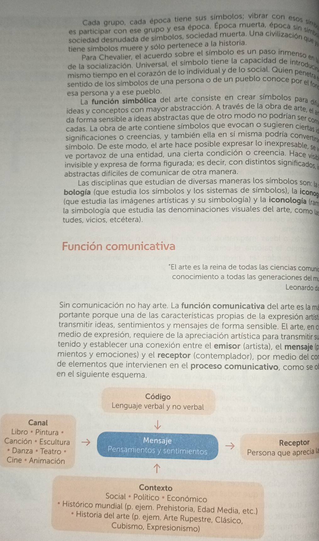 Cada grupo, cada época tiene sus símbolos; vibrar con esos sim
es participar con ese grupo y esa época. Época muerta, época sin simb
sociedad desnudada de símbolos, sociedad muerta. Una civilización que y
tiene símbolos muere y sólo pertenece a la historia.
Para Chevalier, el acuerdo sobre el símbolo es un paso inmenso en 
de la socialización. Universal, el símbolo tiene la capacidad de introducón
mismo tiempo en el corazón de lo individual y de lo social. Quien penetra
sentido de los símbolos de una persona o de un pueblo conoce por el for
esa persona y a ese pueblo.
La función simbólica del arte consiste en crear símbolos para dífó
ideas y conceptos con mayor abstracción. A través de la obra de arte, el an
da forma sensible a ideas abstractas que de otro modo no podrían ser com
cadas. La obra de arte contiene símbolos que evocan o sugieren ciertas i
significaciones o creencias, y también ella en sí misma podría convertirs
símbolo. De este modo, el arte hace posible expresar lo inexpresable, se
ve portavoz de una entidad, una cierta condición o creencia. Hace visib
invisible y expresa de forma figurada; es decir, con distintos significados,i
abstractas difíciles de comunicar de otra manera.
Las disciplinas que estudian de diversas maneras los símbolos son: la
bología (que estudia los símbolos y los sistemas de símbolos), la íconog
(que estudia las imágenes artísticas y su simbología) y la iconología (ram
la simbología que estudia las denominaciones visuales del arte, como la
tudes, vicios, etcétera).
Función comunicativa
“El arte es la reina de todas las ciencias comuni
conocimiento a todas las generaciones del mu
Leonardo d
Sin comunicación no hay arte. La función comunicativa del arte es la má
portante porque una de las características propias de la expresión artíst
transmitir ideas, sentimientos y mensajes de forma sensible. El arte, en c
medio de expresión, requiere de la apreciación artística para transmitir su
tenido y establecer una conexión entre el emisor (artista), el mensaje (p
mientos y emociones) y el receptor (contemplador), por medio del cor
de elementos que intervienen en el proceso comunicativo, como se o
en el siguiente esquema.
Código
Lenguaje verbal y no verbal
Canal
Libro 。 Pintura "
Mensaje
Canción * Escultura Receptor
* Danza • Teatro 》
Pensamientos y sentimientos
Persona que aprecia la
Cine * Animación
Contexto
Social * Político * Económico
* Histórico mundial (p. ejem. Prehistoria, Edad Media, etc.)
Historia del arte (p. ejem. Arte Rupestre, Clásico,
Cubismo, Expresionismo)