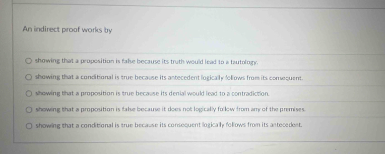 An indirect proof works by
showing that a proposition is faſse because its truth would lead to a tautology.
showing that a conditional is true because its antecedent logically follows from its consequent.
showing that a proposition is true because its denial would lead to a contradiction.
showing that a proposition is false because it does not logically follow from any of the premises.
showing that a conditional is true because its consequent logically follows from its antecedent.