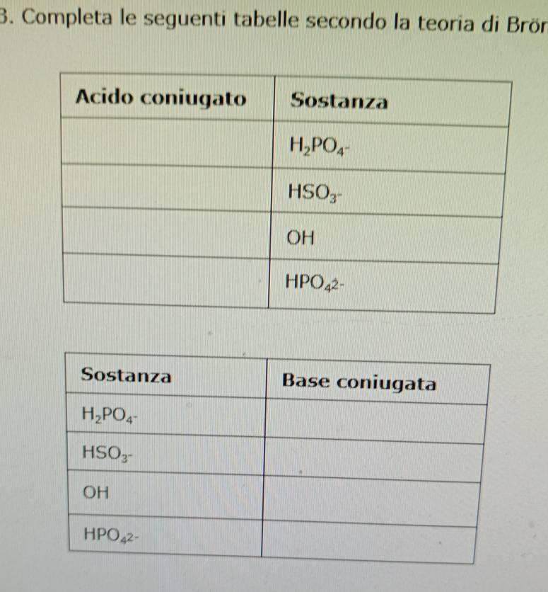 Completa le seguenti tabelle secondo la teoria di Brön