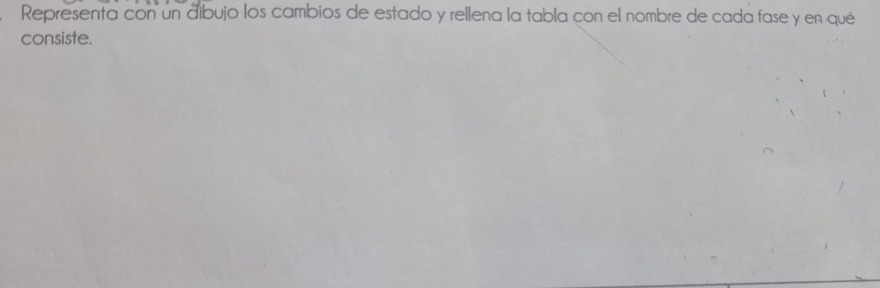 Representa con un dibujo los cambios de estado y rellena la tabla con el nombre de cada fase y en qué 
consiste.