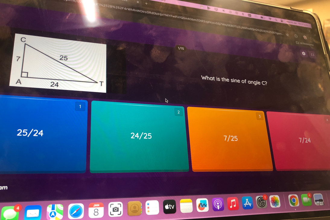 252B%252F4rWhRnWDIrcG
d B Jan 10 =3 x
2530%
fen 580Tgar
Mi N
1/15
What is the sine of angle C?
a
1
2
3
25/24 24/25
7/25 7/24
m