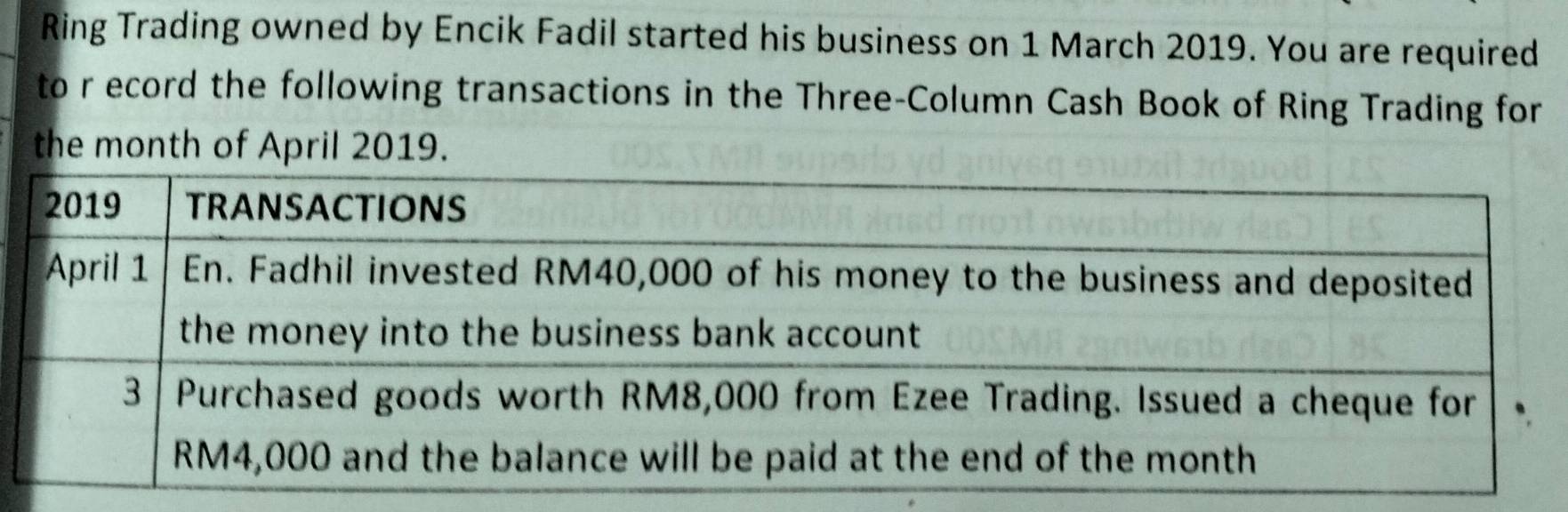 Ring Trading owned by Encik Fadil started his business on 1 March 2019. You are required 
to r ecord the following transactions in the Three-Column Cash Book of Ring Trading for 
the month of April 2019.