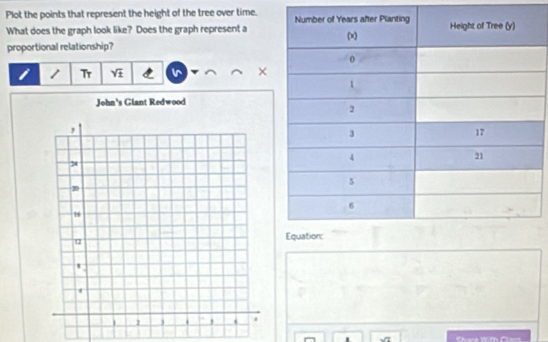 Plot the points that represent the height of the tree over time. 
What does the graph look like? Does the graph represent a 
proportional relationship? 
i 1 Tr sqrt(± ) × 
John's Giant Redwood 
. Chara Wth Clant