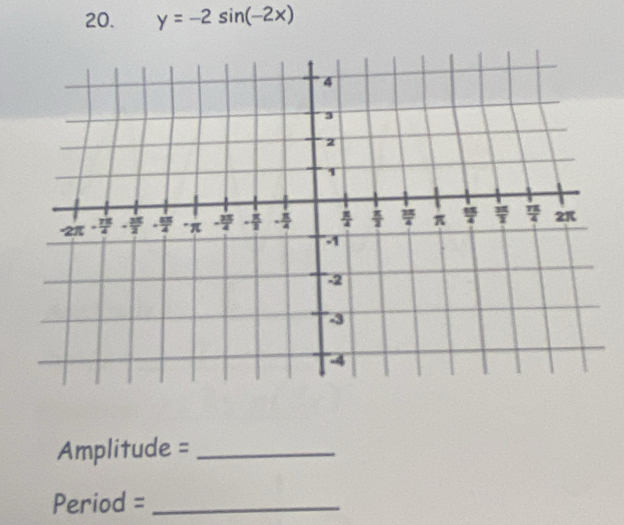 y=-2sin (-2x)
Amplitude =_
Period =_