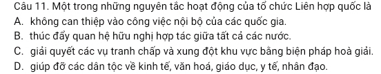 Một trong những nguyên tắc hoạt động của tổ chức Liên hợp quốc là
A. không can thiệp vào công việc nội bộ của các quốc gia.
B. thúc đẩy quan hệ hữu nghị hợp tác giữa tất cả các nước.
C. giải quyết các vụ tranh chấp và xung đột khu vực bằng biện pháp hoà giải.
D. giúp đỡ các dân tộc về kinh tế, văn hoá, giáo dục, y tế, nhân đạo.