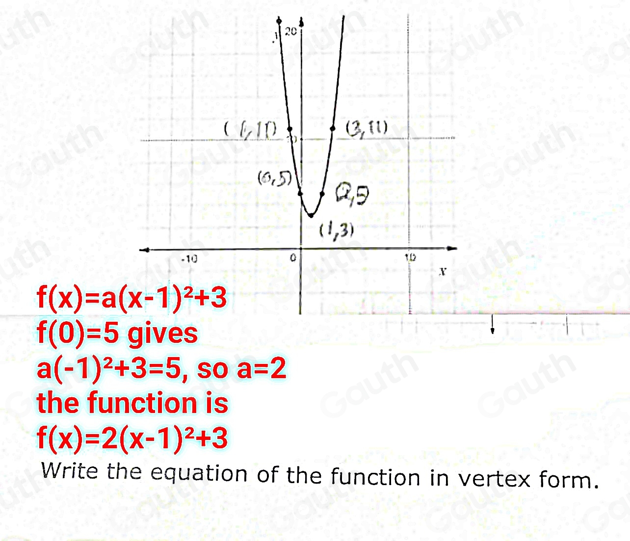 f(0)=5
a(-1)^2+3=5 , so a=2
the function is
f(x)=2(x-1)^2+3
Write the equation of the function in vertex form.