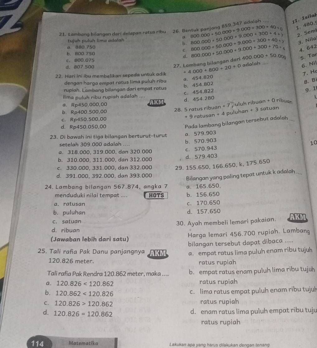 Lambang bilangan dari delapan ratus ribu   26. Bentuk panianq 859.347 adalah ... II. Isilał
a. 800.000+50.000+9.000+300+40+0 1. 480.9
2. Seml
tujuh puluh lima adalah 800.000+50.000+9.000+300+4+y 800.000+50.000+9.000+300+40+ 3. Nila
b.
a. 880.750
c.
b. 800.750
d. 800.000+50.000+9.000+300+70.hat 4 4. 642
c. 800.075
d. 807 500
27. Lambang bilangan dari 400.000+50.00 5. Tar
22. Hari ini ibu membelikan sepeda untuk adik +4.000+800+20+0 adalah ....
6. Nil
7. Ho
a. 454.820
dengan harga empat ratus lima puluh ribu
8. Bi
b. 454.802
rupiah. Lambang bilangan dari empat ratus 9. I
c. 454.822
lima puluh ribu rupiah adalah ....
a. Rp450.000,00 AKM d. 454.280
28. 5 ratus ribuan +7 uluh ribuan + 0 ribuan L
b. Rp400.500,00 +3 satuan
+ 9 ratusan + 4 puluhan
c. Rp450.500,00
d. Rp450.050,00
Pada lambang bilangan tersebut adalah ....
23. Di bawah ini tiga bilangan berturut-turut a. 579.903
setelah 309.000 adalah .... b.570.903
10
a. 318.000, 319.000, dan 320.000 c. 570.943
b. 310.000, 311.000, dan 312.000 d. 579.403
c. 330.000, 331.000, dan 332.000 29. 155.650, 166.650, k, 175.650
d. 391.000, 392.000, dan 393.000
Bilangan yang paling tepat untuk k adalah ....
24. Lambang bilangan 567.874, angka 7 a. 165.650.
menduduki nilai tempat .... HOTS b. 156.650
a. ratusan c. 170.650
b. puluhan d. 157.650
c. satuan
30. Ayah membeli lemari pakaian.
d. ribuan
(Jawaban lebih dari satu) Harga lemari 456.700 rupiah. Lambang
bilangan tersebut dapat dibaca ....
25. Tali rafia Pak Danu panjangnya AKM a. empat ratus lima puluh enam ribu tujuh
120.826 meter.
ratus rupiah
Tali rafia Pak Rendra 120.862 meter, maka .... b. empat ratus enam puluh lima ribu tujuh
a. 120.826<120.862 ratus rupiah
b. 120.862<120.826
c. lima ratus empat puluh enam ribu tujuh
C. 120.826>120.862 ratus rupiah
d. 120.826=120.862
d. enam ratus lima puluh empat ribu tuju
ratus rupiah
114 Matematika Lakukan apa yang harus dilakukan dengan tenang