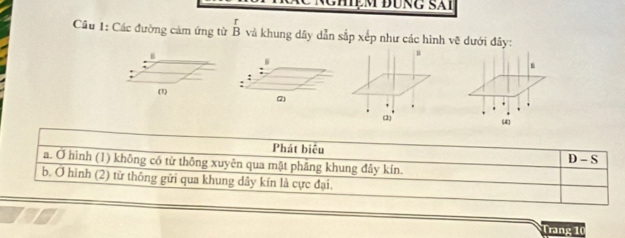 chệm đung Sai 
r 
Cu 1: Các đường cảm ứng từ B và khung dây dẫn sắp xếp như các hình vẽ dưới đây: 
n 
§ 
(1) (2) 
(3) 
Phát biêu 
a. Ở hình (1) không có từ thông xuyên qua mặt phẳng khung đây kín. D - S 
b. Ở hình (2) từ thông gửi qua khung dây kín là cực đại. 
wIsi 
Trang 10