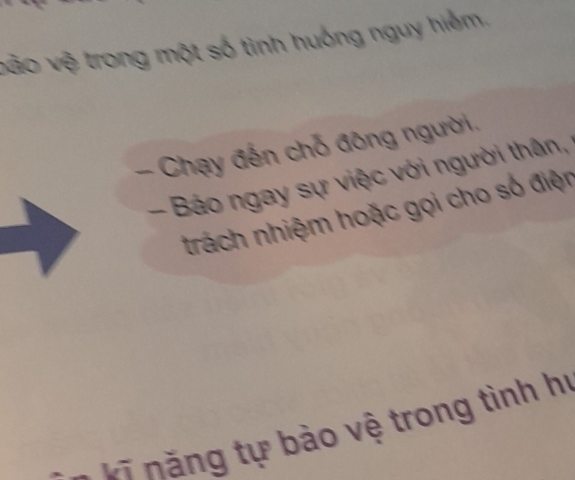 vào vệ trong một số tình huống nguy hiểm. 
- Chạy đến chỗ đông người. 
- Báo ngay sự việc với người thân, 
trách nhiệm hoặc gọi cho số điện 
v n ng tự bào vệ trong tình hị