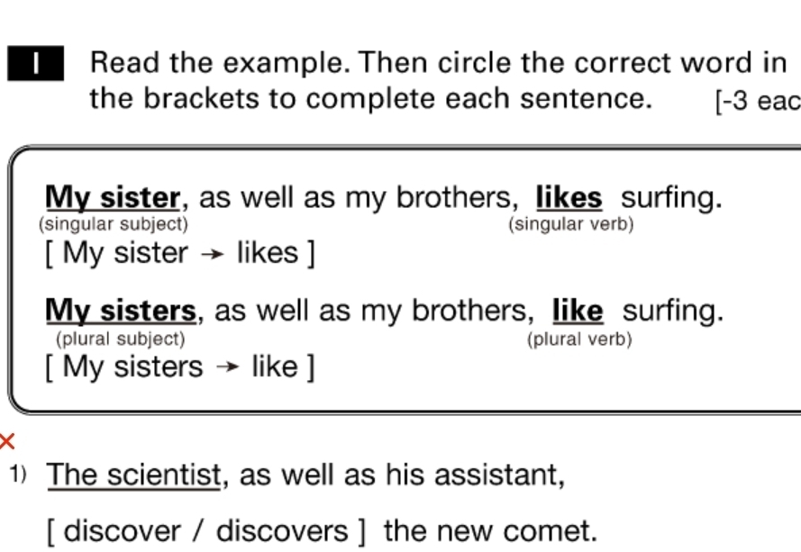 Read the example. Then circle the correct word in 
the brackets to complete each sentence. [-3 eac 
My sister, as well as my brothers, likes surfing. 
(singular subject) (singular verb) 
[ My sister → likes ] 
My sisters, as well as my brothers, like surfing. 
(plural subject) (plural verb) 
[ My sisters → like ] 
× 
1) The scientist, as well as his assistant, 
[ discover / discovers ] the new comet.