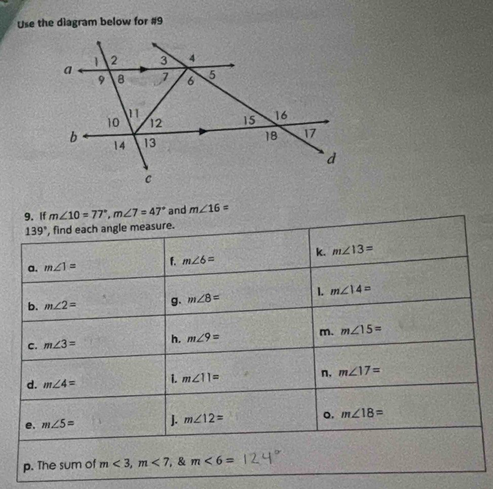 Use the diagram below for #9
and m∠ 16=