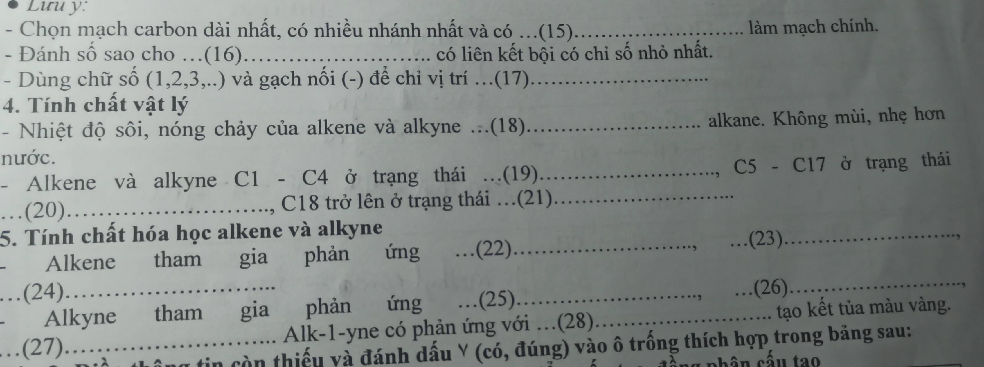 Lưu y: 
- Chọn mạch carbon dài nhất, có nhiều nhánh nhất và có ...(15) _làm mạch chính. 
- Đánh số sao cho …(16).._ có liên kết bội có chỉ số nhỏ nhất. 
- Dùng chữ số (1, 2, 3,..) và gạch nối (-) để chỉ vị trí ...(17)._ 
4. Tính chất vật lý 
- Nhiệt độ sôi, nóng chảy của alkene và alkyne ...(18)_ 
alkane. Không mùi, nhẹ hơn 
nước. 
- Alkene và alkyne C1 - C4 ở trạng thái ...(19) _ C5 - C17 ở trạng thái 
…(20)……., C18 trở lên ở trạng thái …(21)_ 
5. Tính chất hóa học alkene và alkyne 
, 
. Alkene tham gia phản ứng …(22)_ _.(23)._ 
…(24)………………... 
Alkyne tham gia phản ứng ; …(25)_ 
…(26) 
_ 
…(27)………... Alk-1-yne có phản ứng với …(28)_ tạo kết tủa màu vàng. 
thông tin còn thiếu và đánh dấu Y (có, đúng) vào ô trống thích hợp trong bảng sau: 
1 g n hân cấu tao