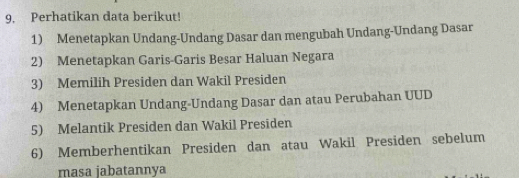 Perhatikan data berikut! 
1) Menetapkan Undang-Undang Dasar dan mengubah Undang-Undang Dasar 
2) Menetapkan Garis-Garis Besar Haluan Negara 
3) Memilih Presiden dan Wakil Presiden 
4) Menetapkan Undang-Undang Dasar dan atau Perubahan UUD 
5) Melantik Presiden dan Wakil Presiden 
6) Memberhentikan Presiden dan atau Wakil Presiden sebelum 
masa jabatannya