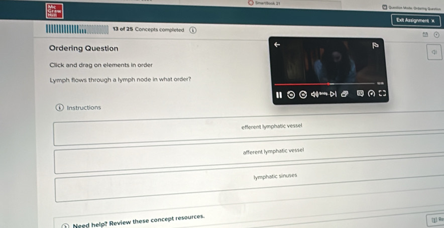 SmartBook 21 Question Mode: Ordering Question
Exit Assignment ×
13 of 25 Concepts completed
Ordering Question q
Click and drag on elements in order
Lymph flows through a lymph node in what order?
Instructions
efferent lymphatic vessel
afferent lymphatic vessel
lymphatic sinuses
Need help? Review these concept resources.
[1] Re