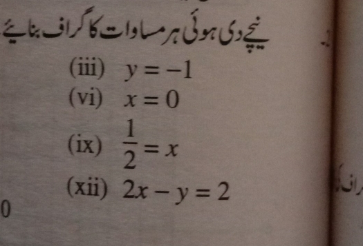 (iii) y=-1
(vi) x=0
(ix)  1/2 =x
(xii) 2x-y=2
0