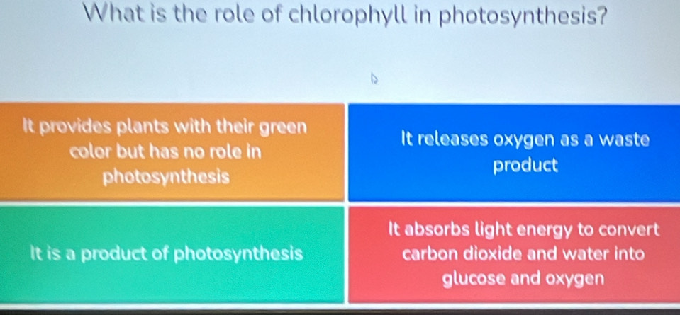 What is the role of chlorophyll in photosynthesis?
It provides plants with their green
color but has no role in
It releases oxygen as a waste
photosynthesis
product
It absorbs light energy to convert
It is a product of photosynthesis carbon dioxide and water into
glucose and oxygen