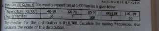 ABE.C,N=3LEB.H.M=25.FH
5a72 ond (n Q No. 5) The weekly expenditure of 1,000 families is given 
Th     dian for  th    di trbut o  i 5.87 0 Calculate the missing frequencies. Also
calculate the mode of the distribution