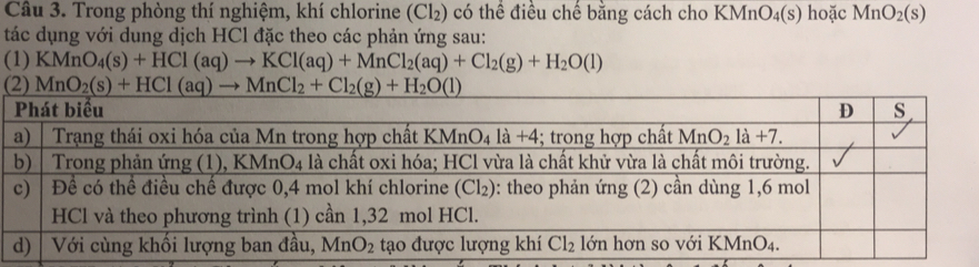 Trong phòng thí nghiệm, khí chlorine (Cl₂) có thể điều chế bằng cách cho KM nO_4(s) hoặc MnO_2(s)
tác dụng với dung dịch HCl đặc theo các phản ứng sau:
(1) KMnO_4(s)+HCl(aq)to KCl(aq)+MnCl_2(aq)+Cl_2(g)+H_2O(l)
(