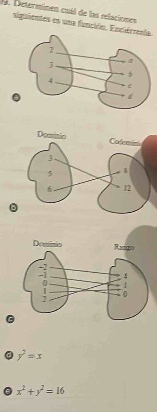 Determinen cuál de las relaciones
signientes es una función. Enci.
y^2=x
e x^2+y^2=16