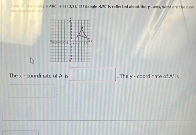 Point A of a triangle ABC is at (3,2). If triangle ABC is reflected about the y-axis, what are the new
coordinates of A?
The x - coordinate of A' is □ . The y - coordinate of A' is
1 188
sqrt()