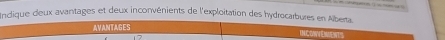 Indique deux avantages et deux inconvénients de l'exploitation des hydrocarbures en Alberta. 
AVANTAGES INCONVEMENTS