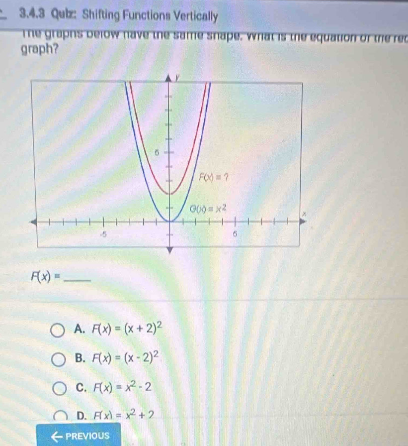 Qulz: Shifting Functions Vertically
The graphs below have the same snape, what is the equation of the rec
graph?
_ F(x)=
A. F(x)=(x+2)^2
B. F(x)=(x-2)^2
C. F(x)=x^2-2
D. F(x)=x^2+2
PREVIOUS
