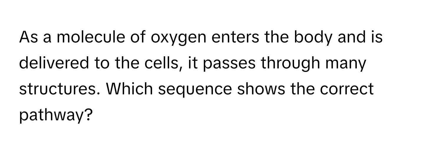 As a molecule of oxygen enters the body and is delivered to the cells, it passes through many structures. Which sequence shows the correct pathway?