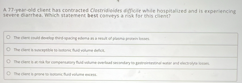 Solved: A 77-year-old client has contracted Clostridioides difficile ...