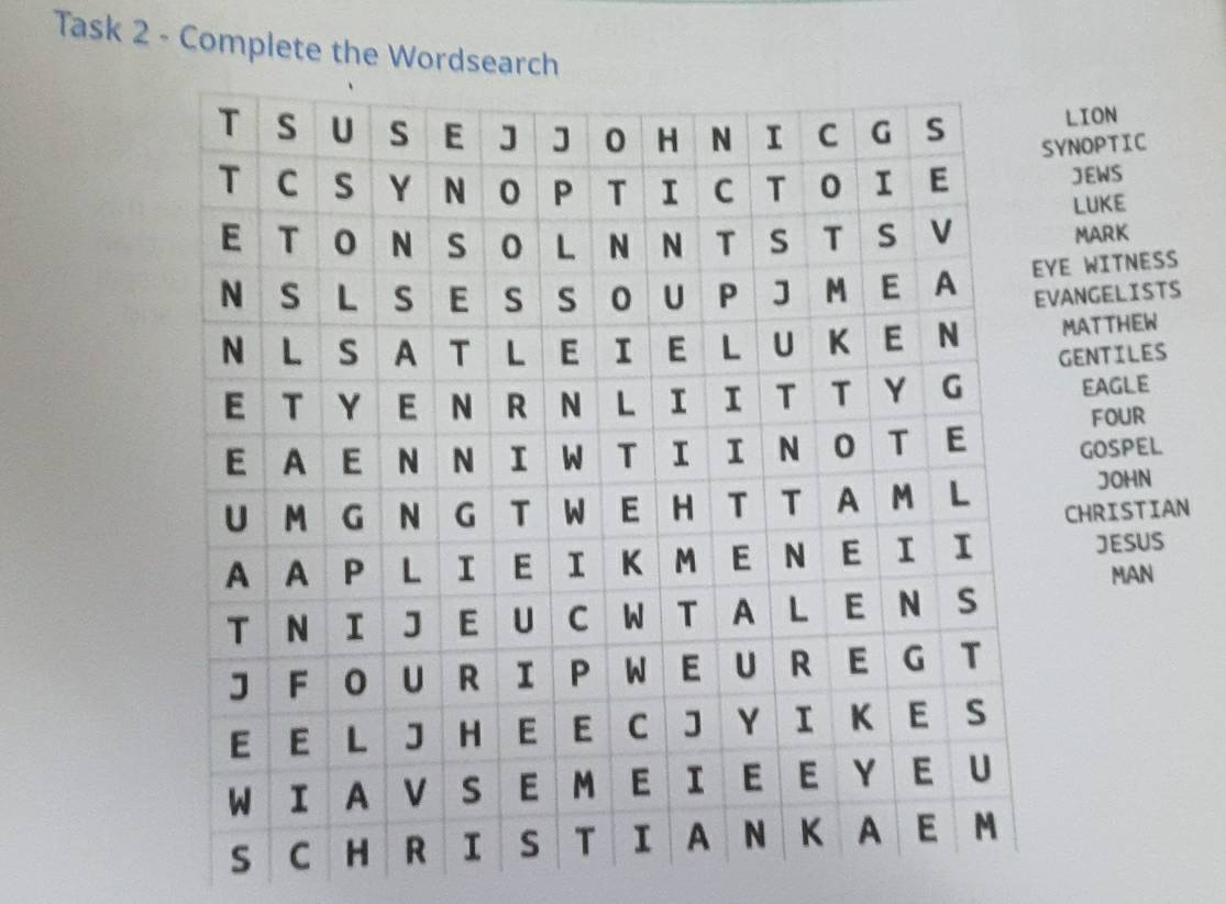 Task 2 - Complete the Wordsearch
LION
YNOPTIC
JEWS
LUKE
MARK
YE WITNESS
VANGELISTS
MATTHEW
GENTILES
EAGLe
FOUR
GOSPEL
JOHN
CHRISTIAN
JESUS
MAN