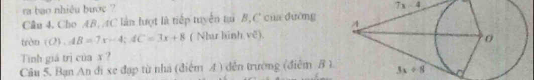 ra bao nhiêu bước ?
7x-4
Câu 4, Cho AB, AC lần lượt là tiếp tuyển tại B,C của đường 
tròn (O) 、 AB=7x-4;AC=3x+8 ( Như hình ve).
Tính giá trị của x ?
Câu 5. Bạn An đi xe đạp từ nhà (điểm A ) đến trường (điểm B)