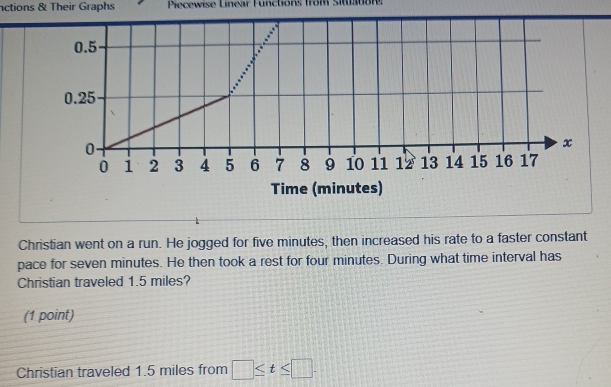 nctions & Their Graphs Piecewise Linear Functions from Situa
0.5
0.25
0
x
0 1 2 3 4 5 6 7 8 9 10 11 12 13 14 15 16 17
Time (minutes) 
Christian went on a run. He jogged for five minutes, then increased his rate to a faster constant 
pace for seven minutes. He then took a rest for four minutes. During what time interval has 
Christian traveled 1.5 miles? 
(1 point) 
Christian traveled 1.5 miles from □ ≤ t≤ □.