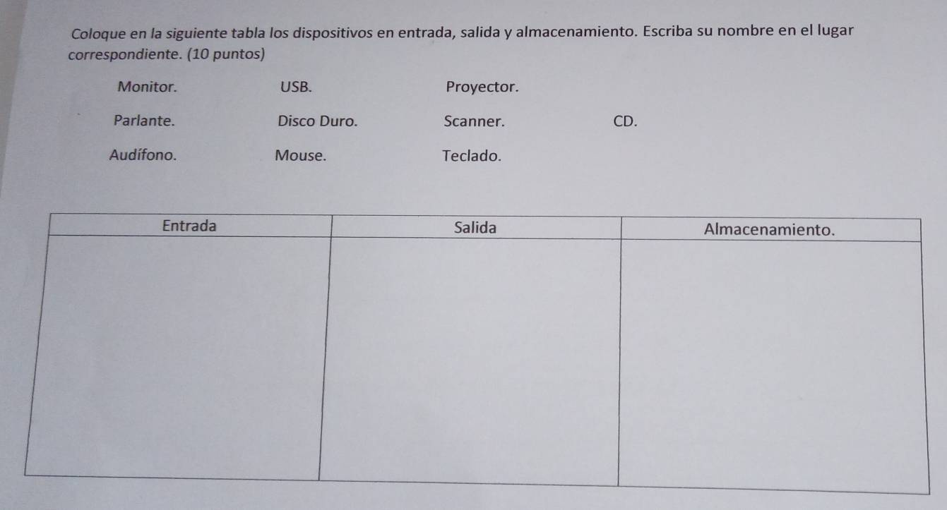 Coloque en la siguiente tabla los dispositivos en entrada, salida y almacenamiento. Escriba su nombre en el lugar
correspondiente. (10 puntos)
Monitor. USB. Proyector.
Parlante. Disco Duro. Scanner. CD.
Audífono. Mouse. Teclado.