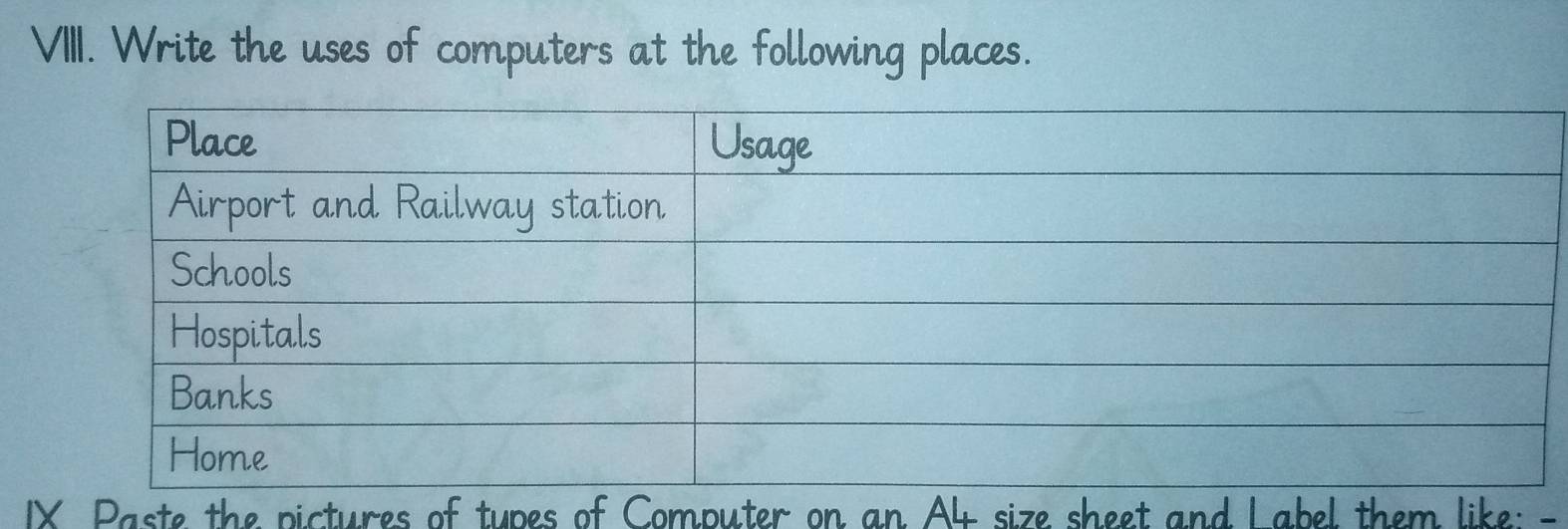 Write the uses of computers at the following places. 
IX Paste the pictures of tupes of Computer on an A4 size sheet and L abel them like: -