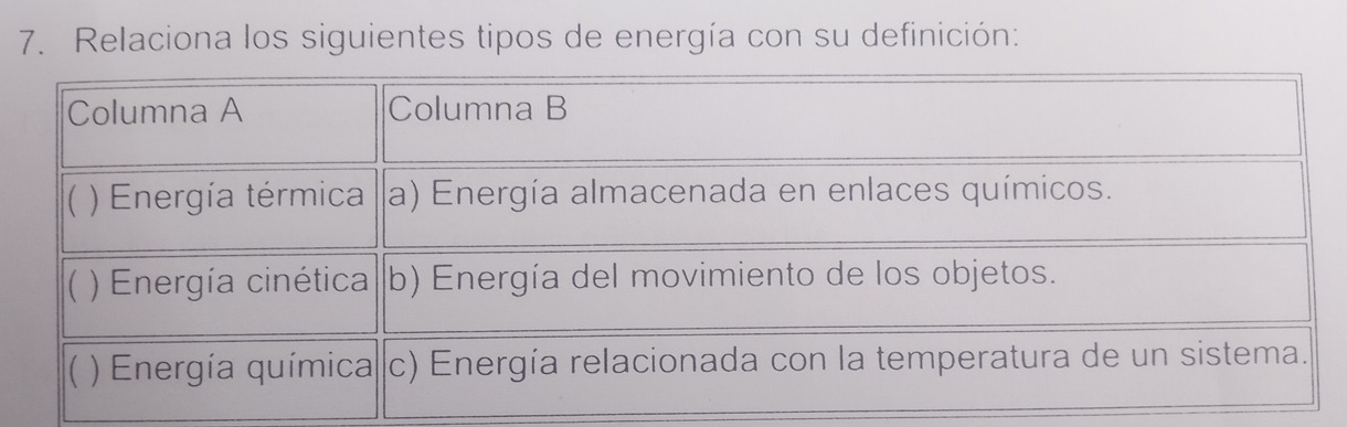 Relaciona los siguientes tipos de energía con su definición: