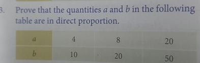 Prove that the quantities a and b in the following 
table are in direct proportion.