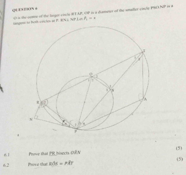 O is the centre of the larger circle RTAP, OP is a diameter of the smaller circle PSO. NP is a 
tangent to both circles at P. RN⊥ NP.Let beta _1=x
(5) 
6.1 Prove that PR bisects ORN
(5) 
6.2 Prove that Rhat OS=Pwidehat AT